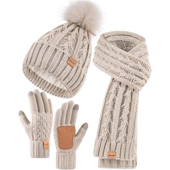 Womens Beanie Hat Scarf Gloves Set, Fleece Lined Winter Hat with Pom Pom, Long - Picture 1 of 6